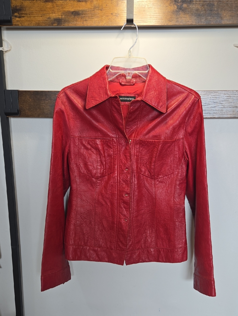 Women's Red Leather Button-Front Jacket